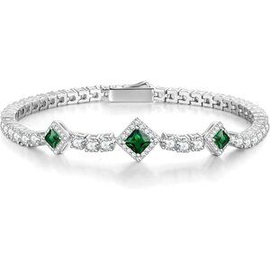 Birthstone 4mm Sterling Silver Tennis Square Gemstone Bracelet - 05-Emerald